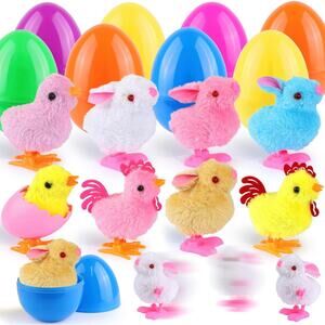 8 Pack Jumbo Easter Eggs with Wind Up Toys Chicks & Bunny Plush Kids Favors